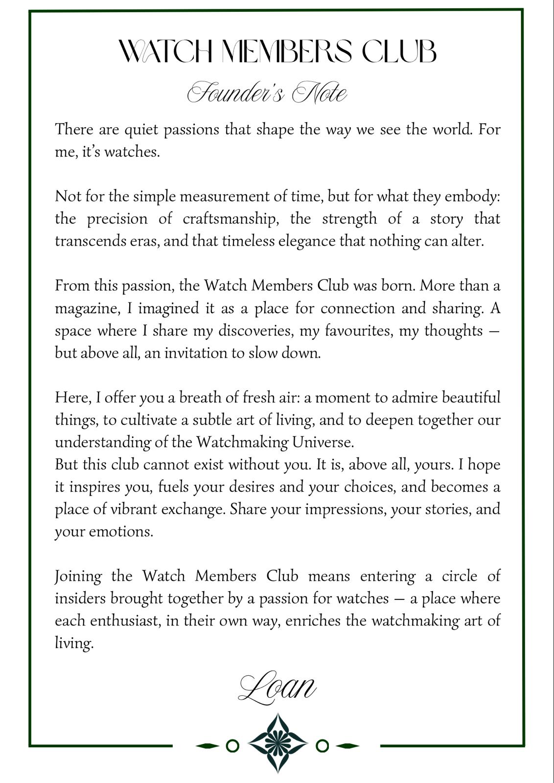 A word from the founder of the Club Watch Members Club Magazine